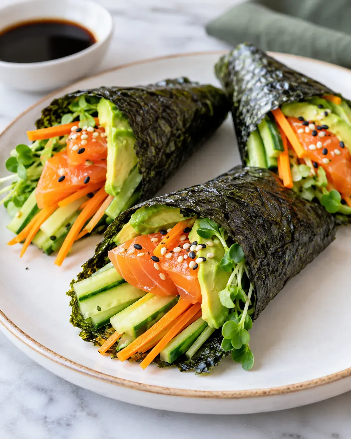 Sushi handrolls without rice filled with smoked salmon, avocado and cucumber.