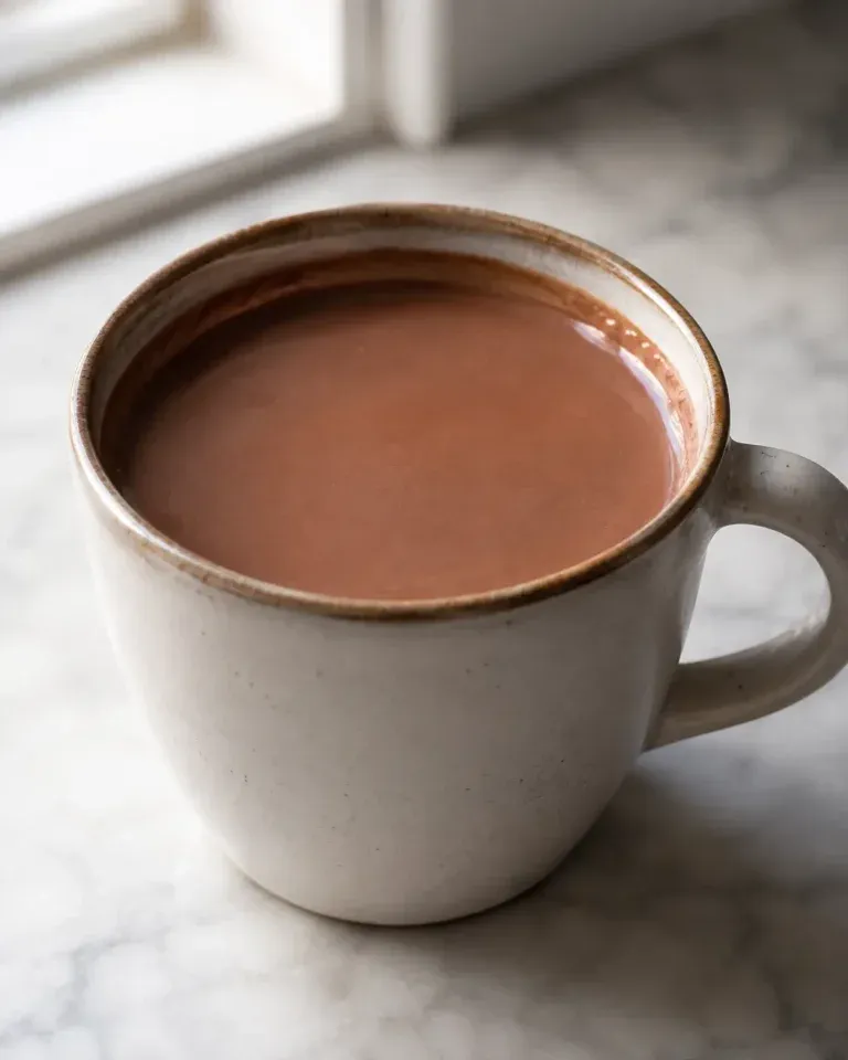 Rich homemade hot chocolate in a ceramic mug.