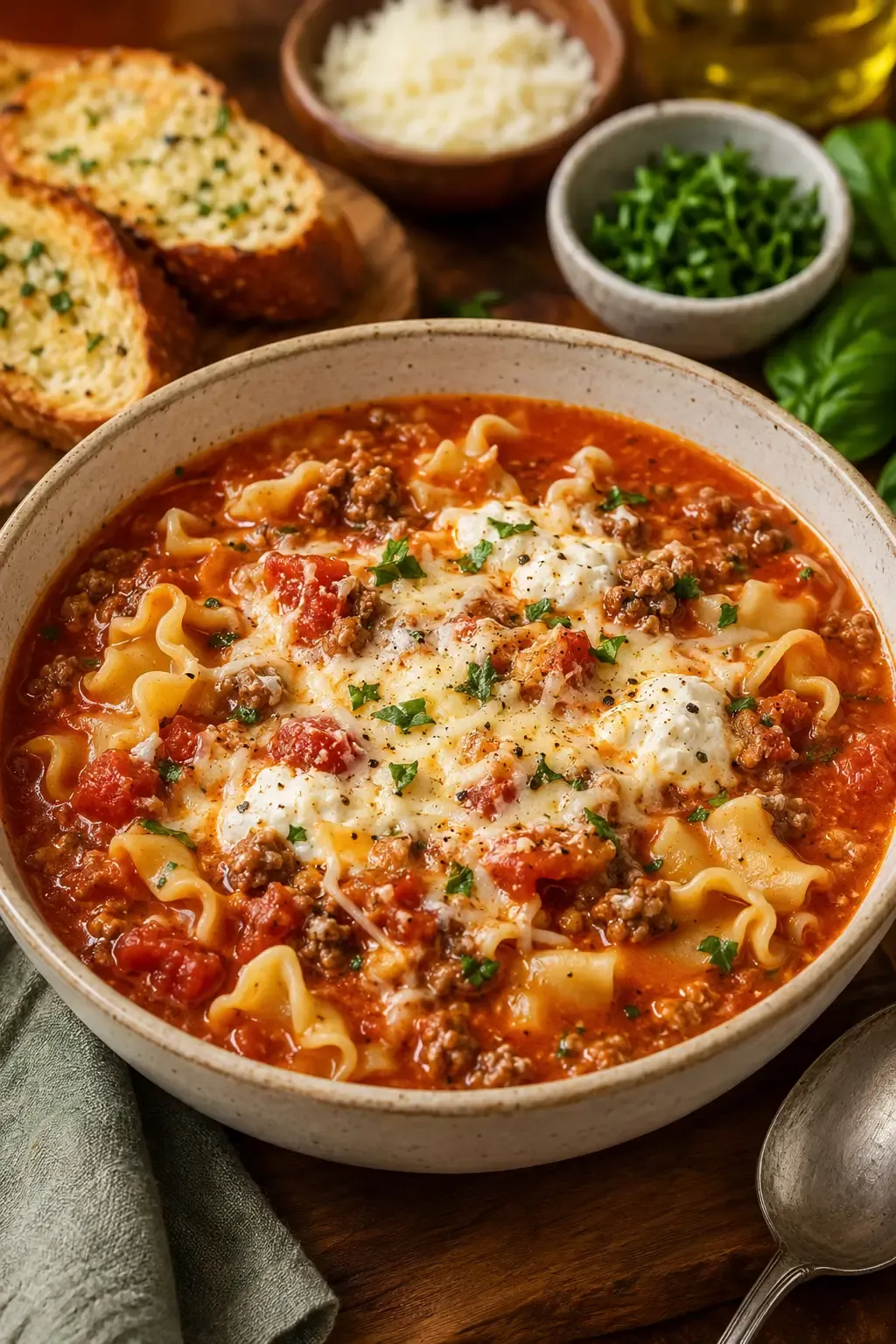 Bowl of hearty lasagna soup with ground beef, broken noodles, ricotta, mozzarella and basil.