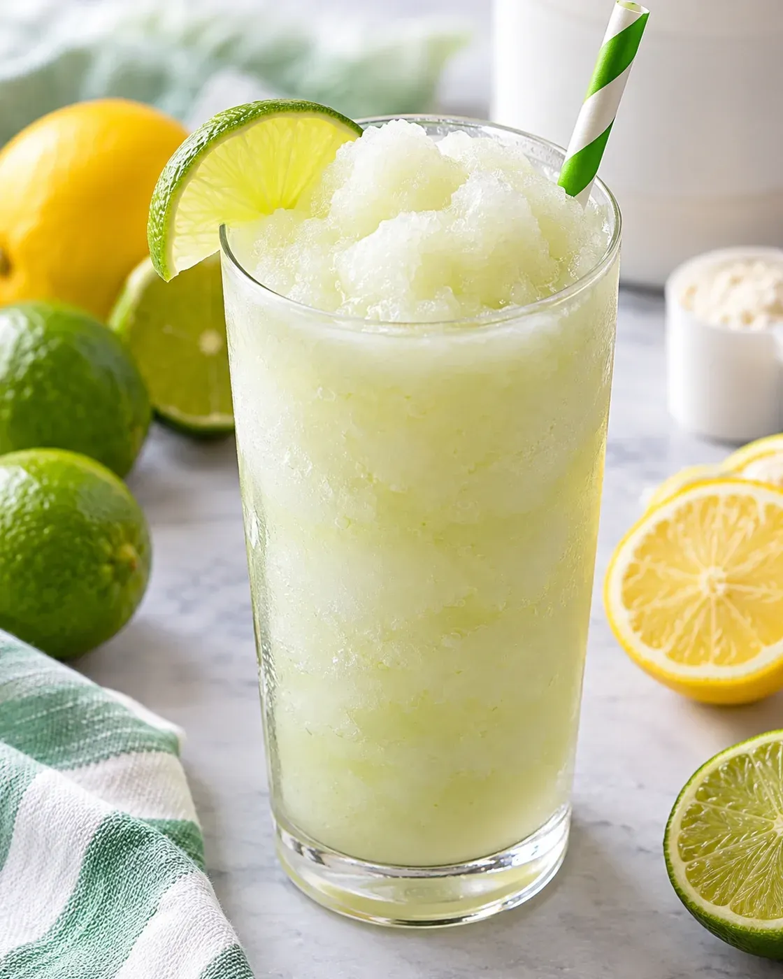 Pale lemon-lime protein slushy served in a clear glass.