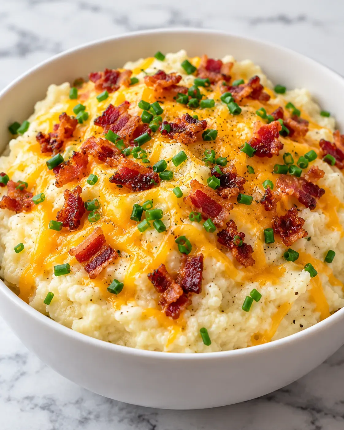 Loaded mashed cauliflower topped with cheddar, bacon and chives in a white serving bowl.