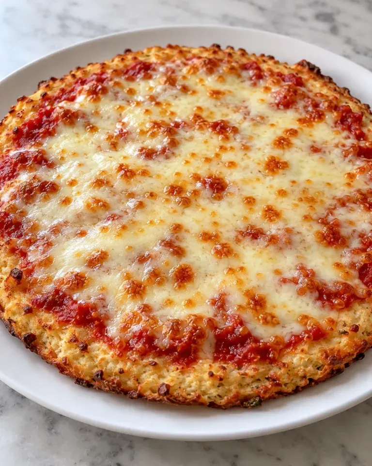 Low-carb chicken and egg pizza topped with tomato and melted mozzarella.
