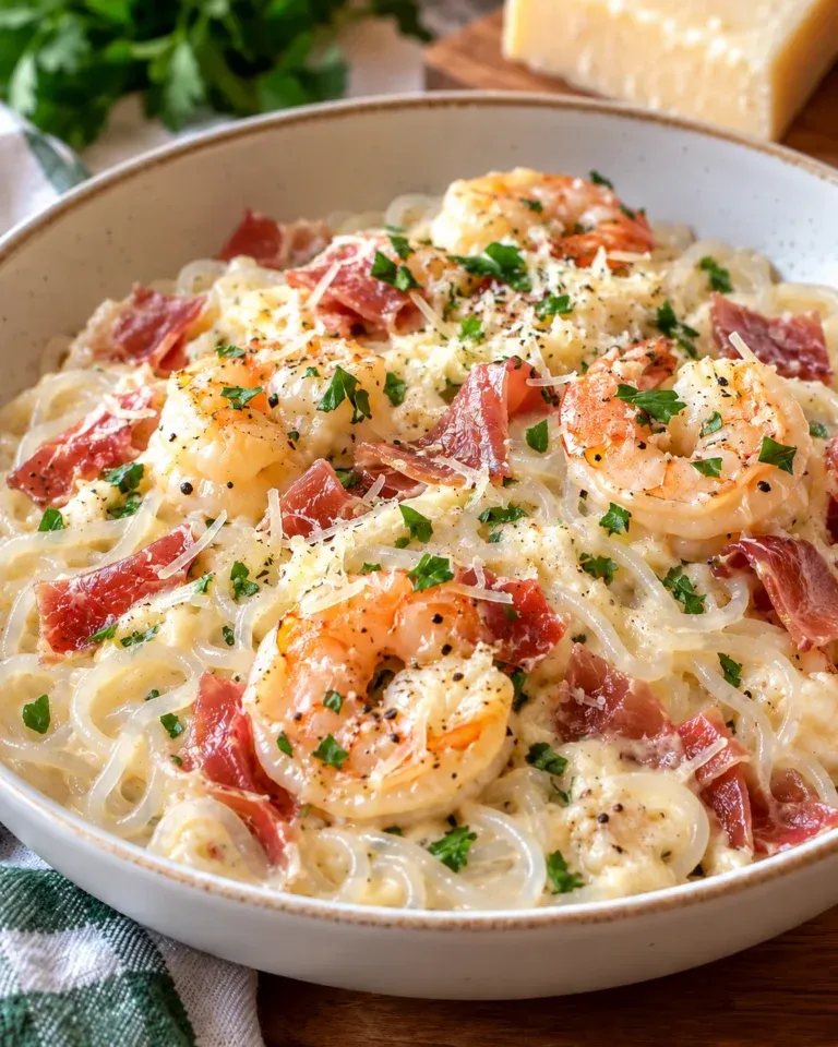 Creamy shrimp and prosciutto four-cheese pasta with low-carb noodles in a shallow bowl.
