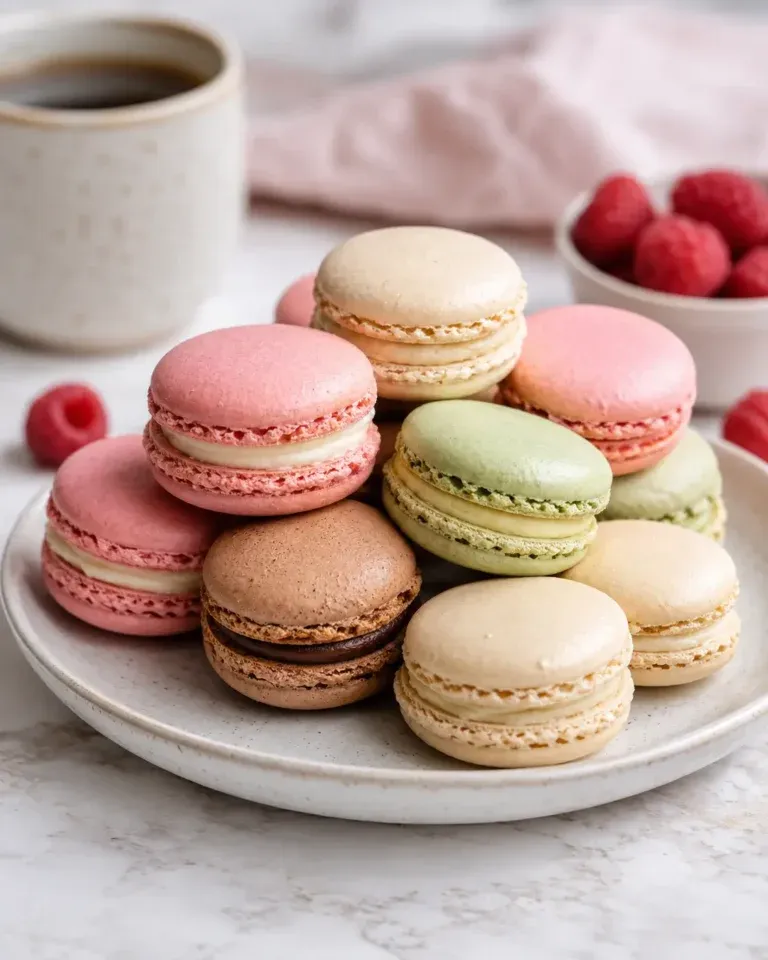 Classic French macarons with vanilla buttercream on a plate.