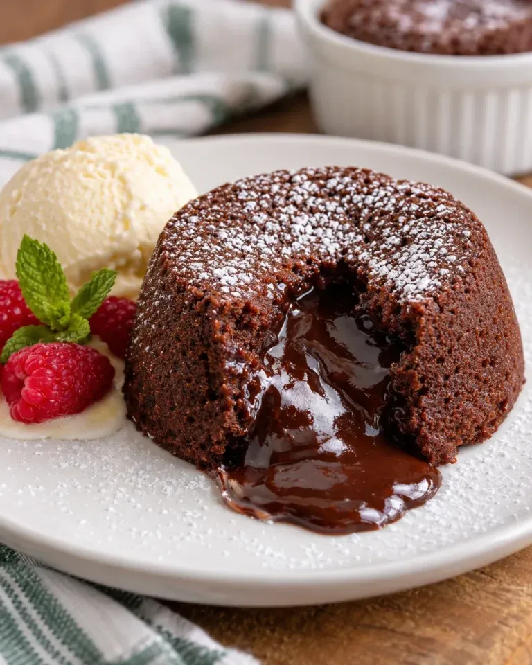 Chocolate molten cake with a flowing chocolate center on a dessert plate.