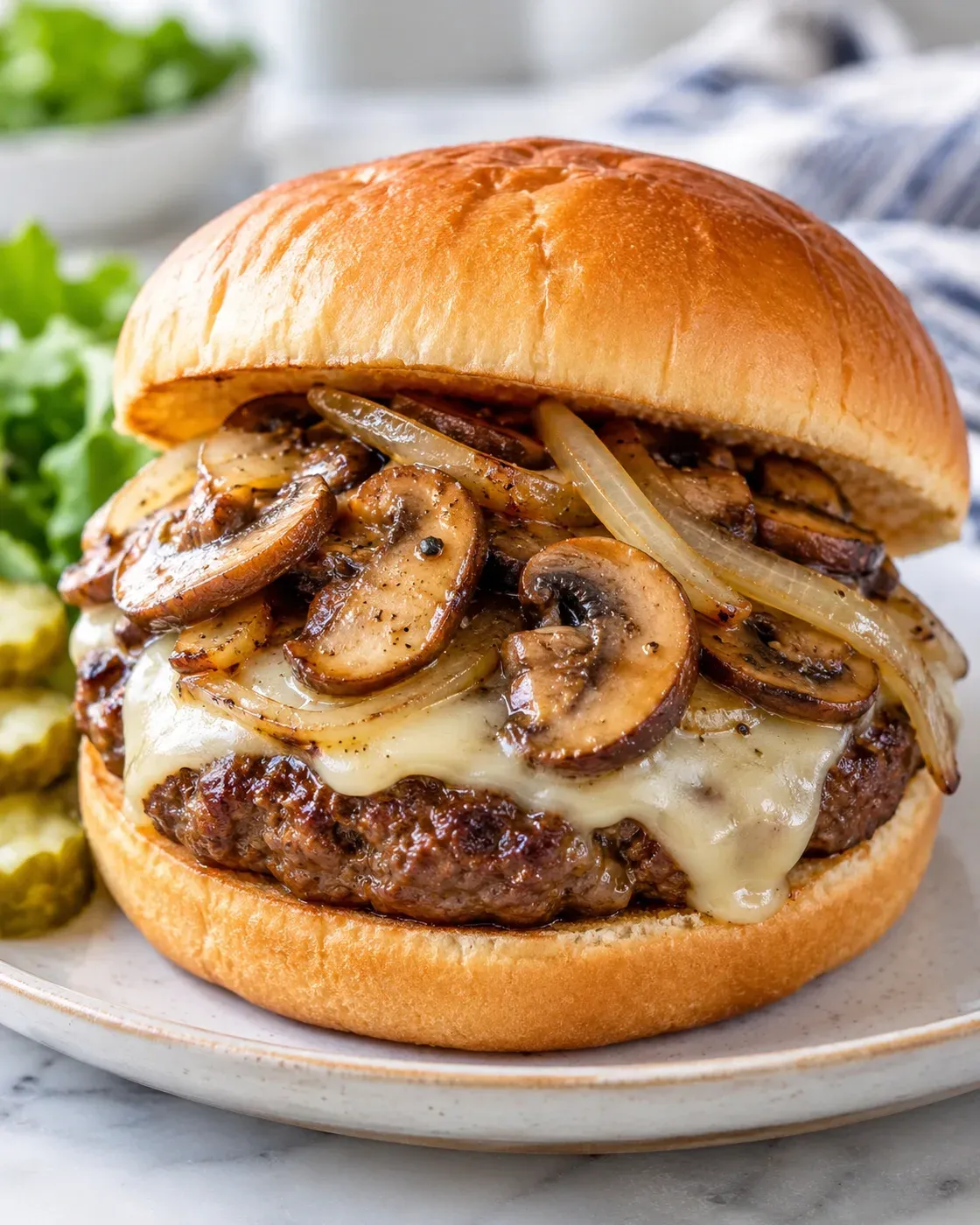 Beef mushroom burger with melted Swiss cheese and sauteed mushrooms.