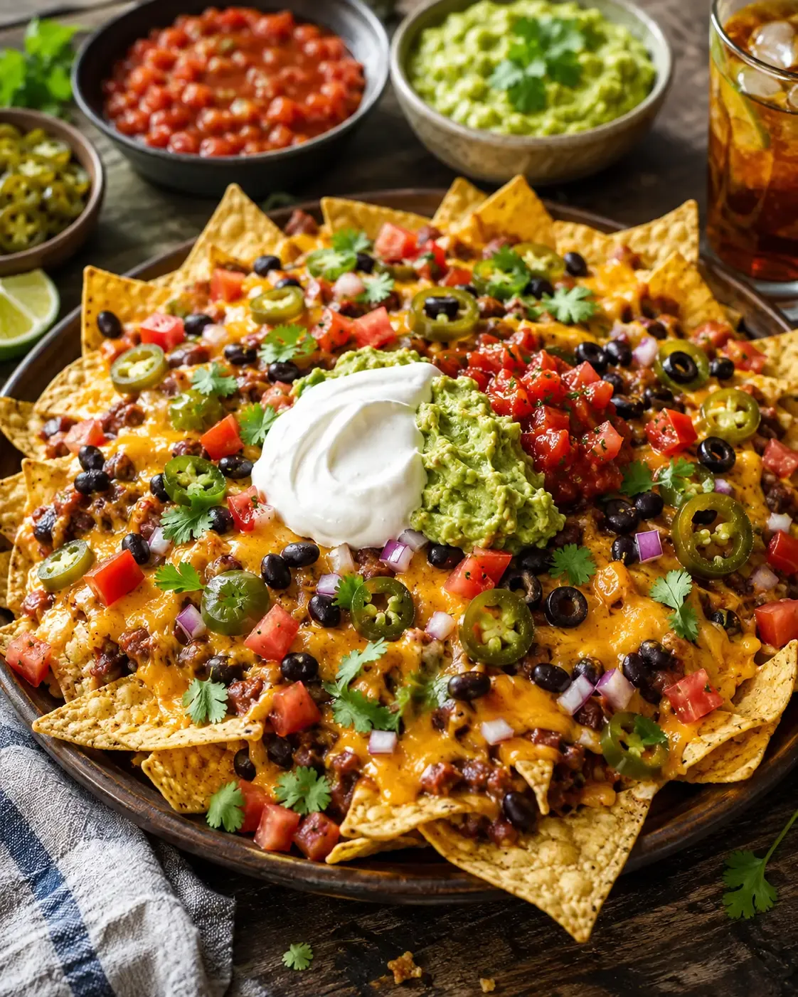 Classic beef nachos with melted cheese, black beans, jalapeños and diced tomatoes.