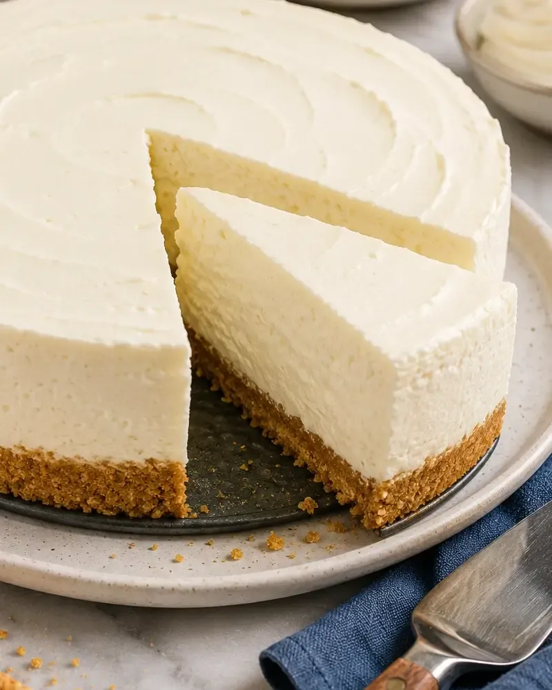 No-bake cheesecake with a creamy vanilla filling and graham cracker crust, with one slice removed.