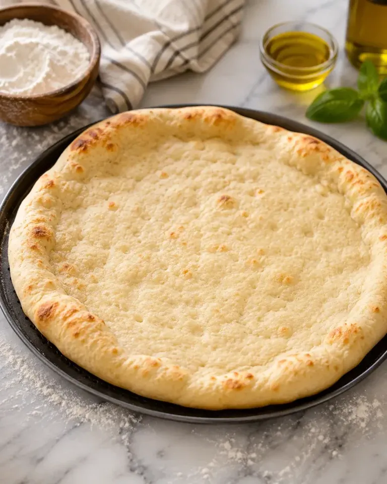 Golden homemade pizza crust with a lightly blistered raised edge on a round board.