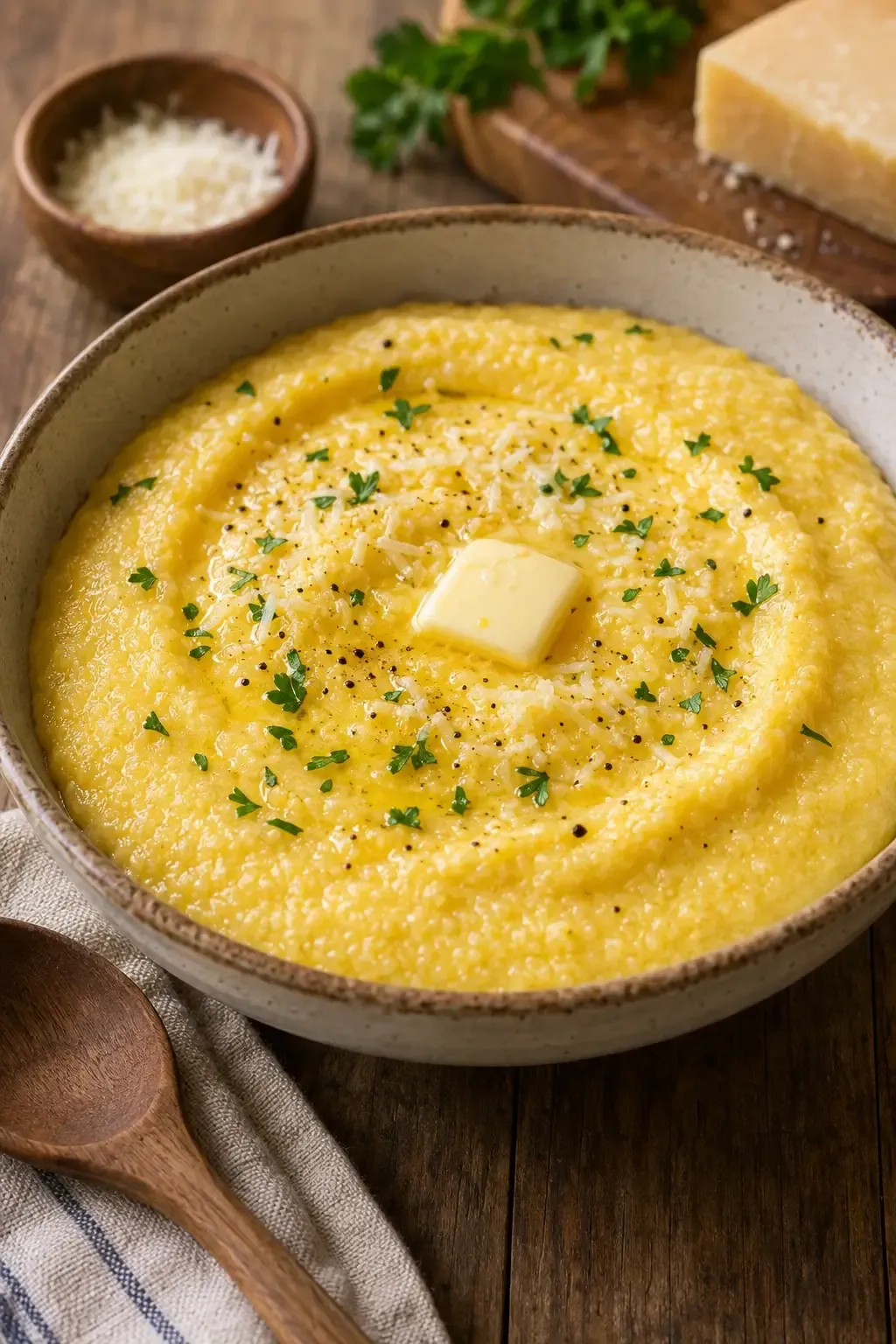 Creamy homestyle polenta in a white ceramic bowl