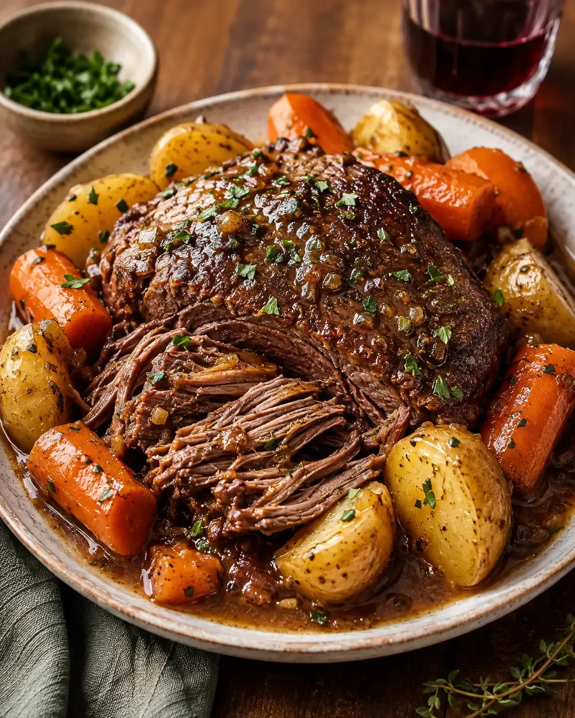 Slow-cooked pot roast with carrots and potatoes in rich braising juices.