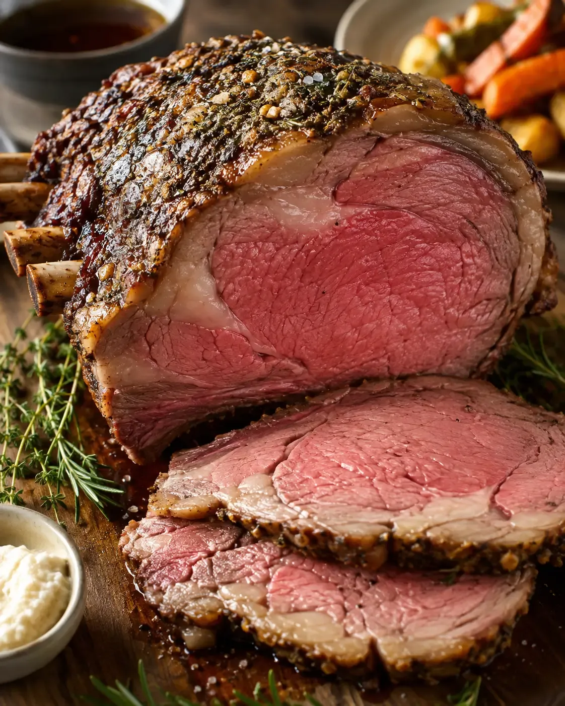 Sliced prime rib roast with a browned crust and rosy center on a white platter.