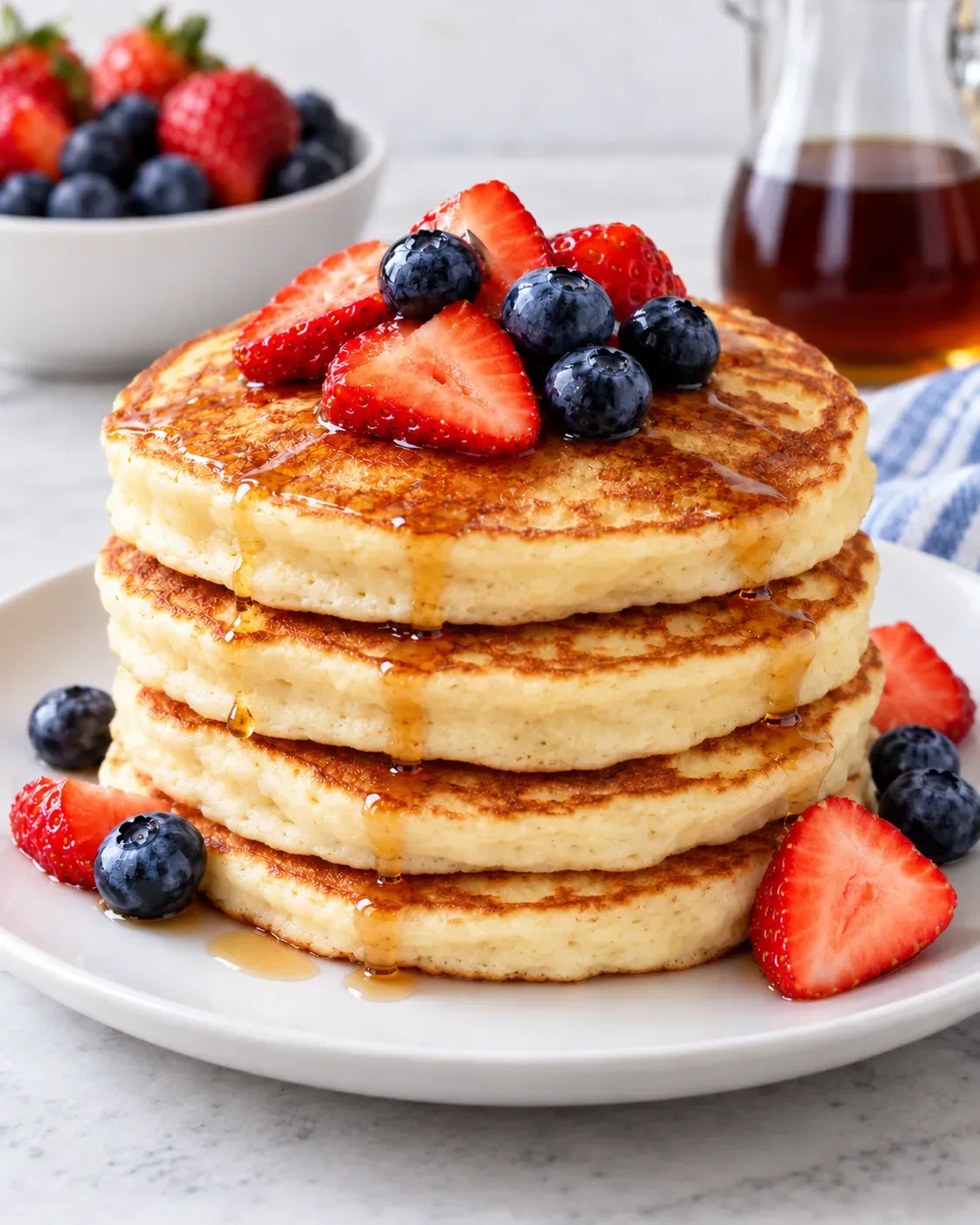 Stack of golden protein pancakes topped with strawberries and blueberries and a light maple syrup drizzle.