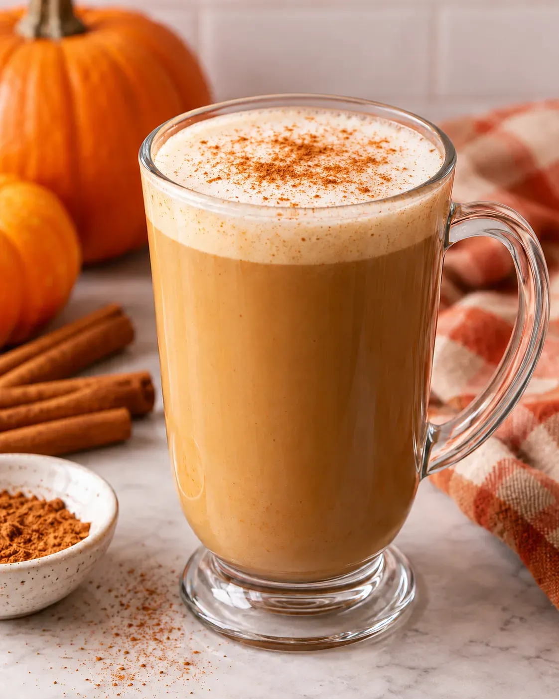 Hot pumpkin spice latte with foamy milk and a light cinnamon dusting.