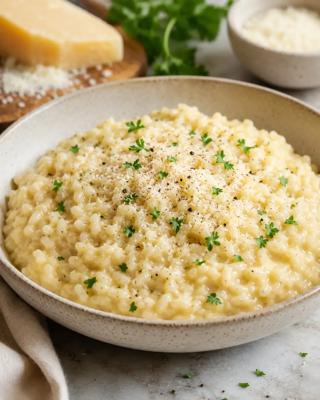 Creamy Parmesan risotto in a shallow white bowl.