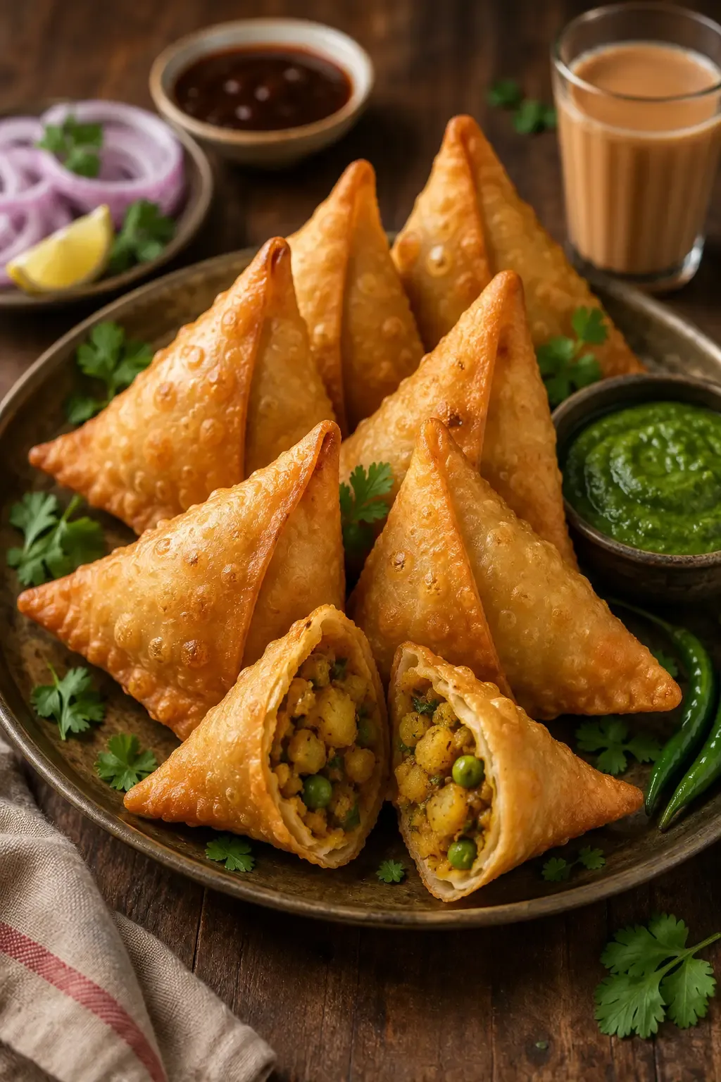 Crispy golden samosas with one cut open to show the potato and pea filling.