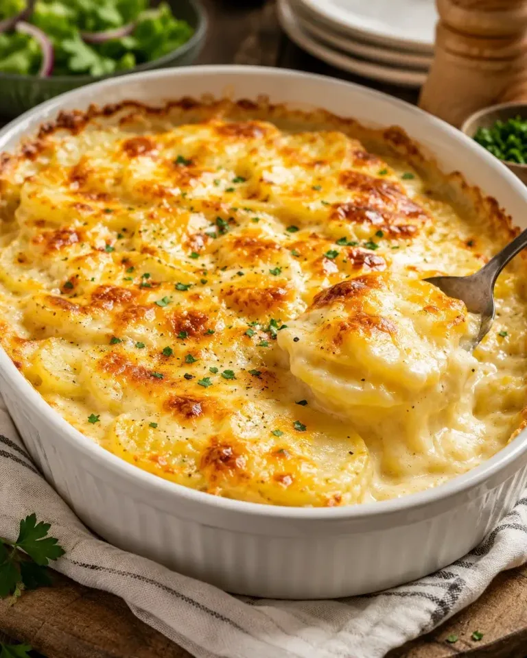 Creamy scalloped potatoes with golden melted cheddar cheese.
