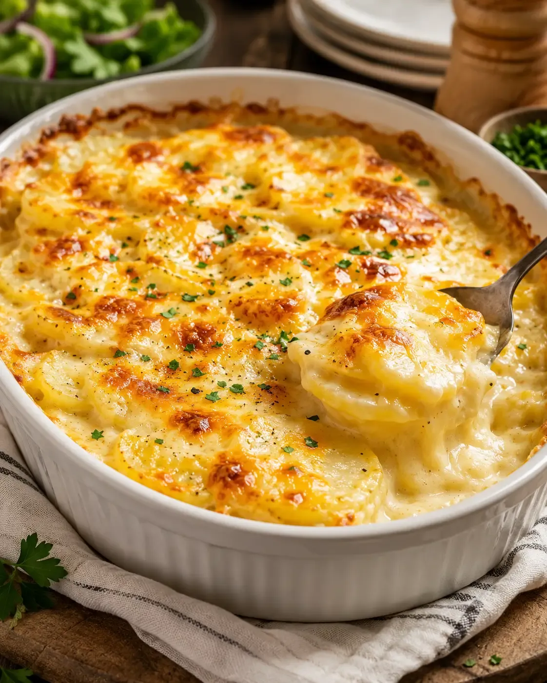 Creamy scalloped potatoes with golden melted cheddar cheese.