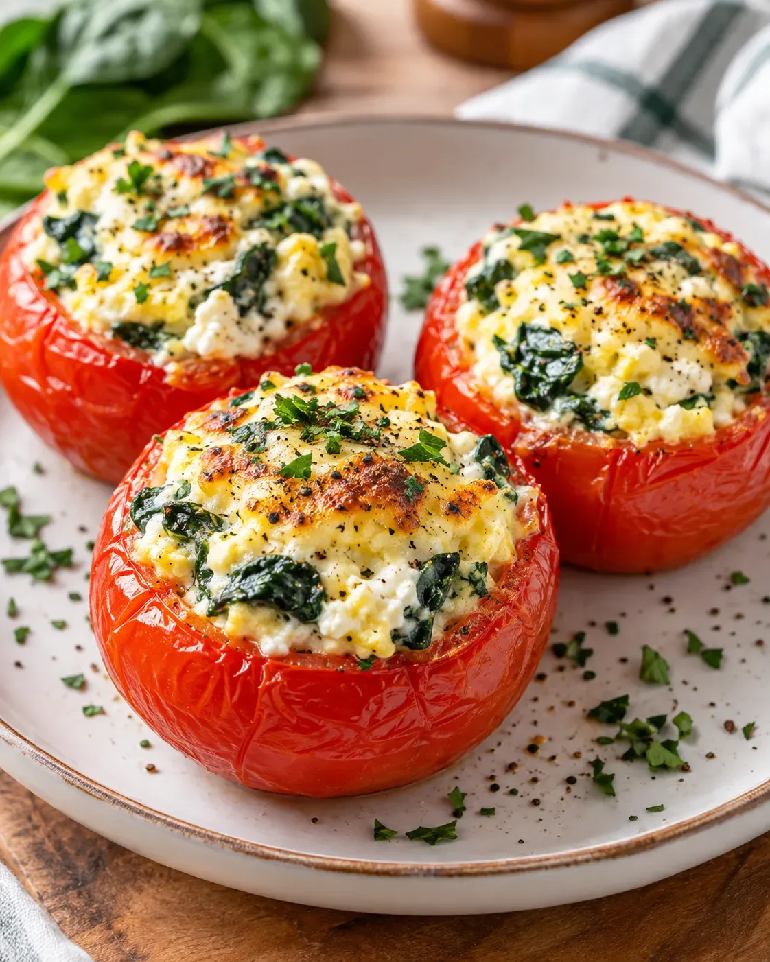 Baked tomatoes filled with spinach and cottage cheese and topped with eggs.