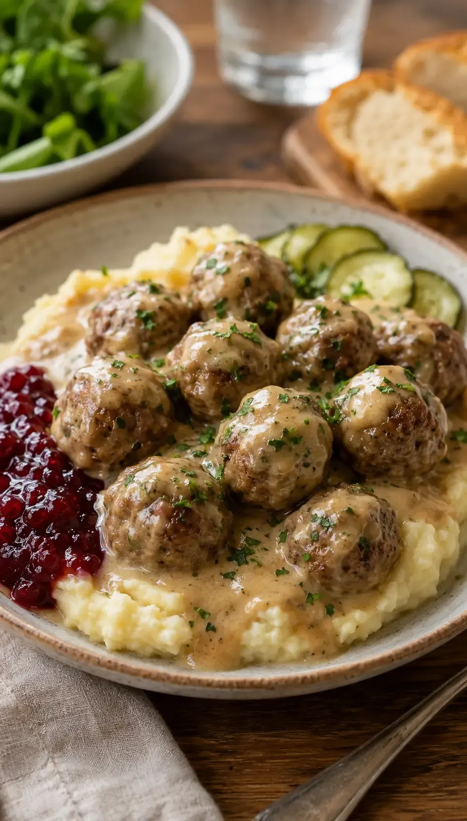 Swedish meatballs in creamy brown gravy garnished with parsley in a shallow white bowl.