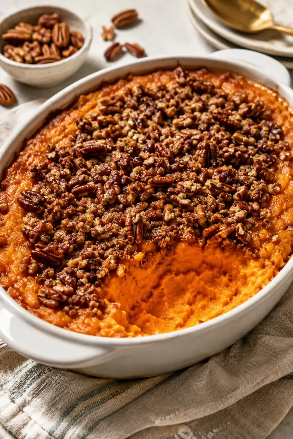 Sweet potato casserole with golden pecan topping in a white baking dish.