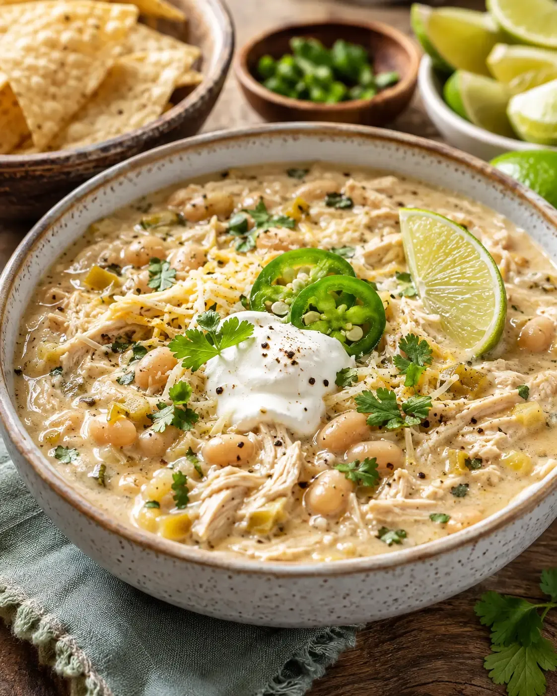 Creamy white chicken chili with shredded chicken and white beans in a bowl.