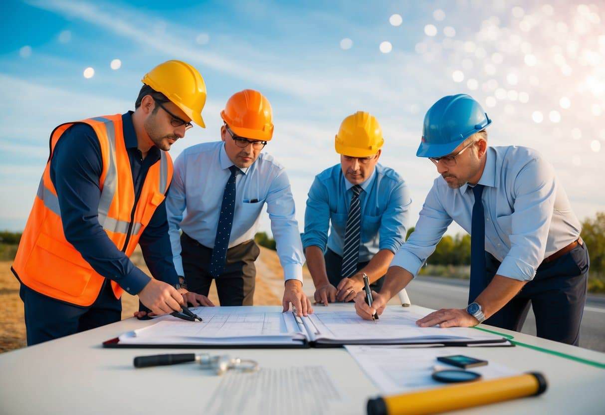 Un groupe d'experts géomètres travaillant sur un permis de lotissement et de planification