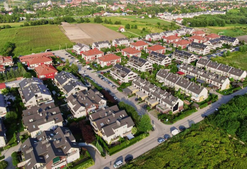 Aerial view of residential area in small town