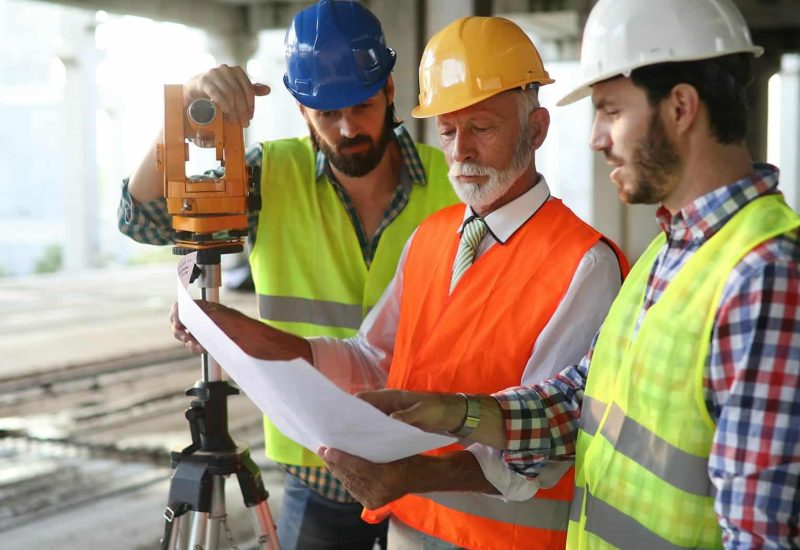 Architect and construction engineer or surveyor discussion plans and blueprints