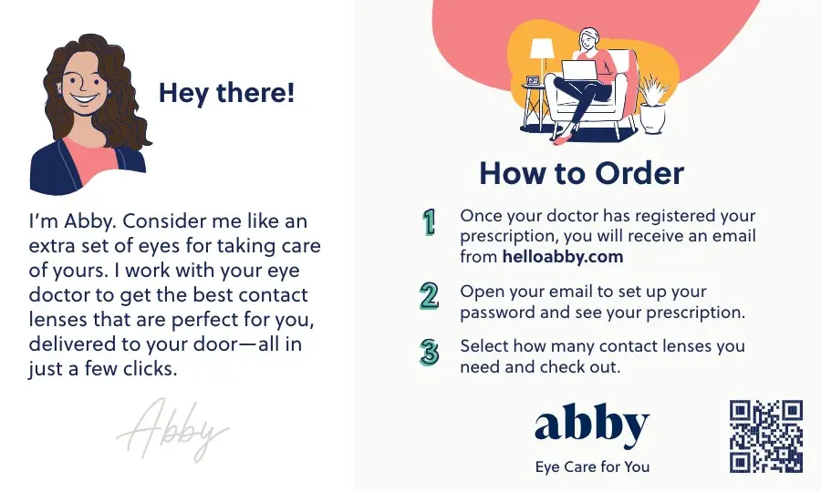 Illustrated guide to Abby contact lens delivery service, with ordering instructions.