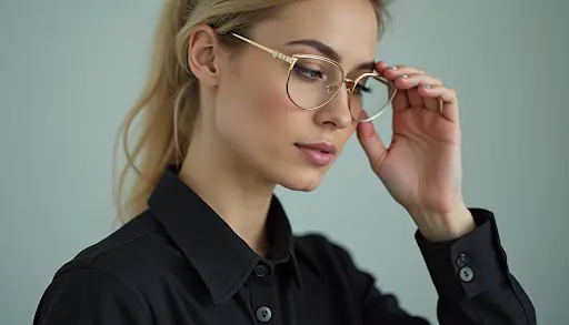 The Dita Collection: Elevating Your Eyewear Style in Portland 4 Close-up side profile of a professional woman in a black shirt adjusting her elegant gold wire-frame eyeglasses.
