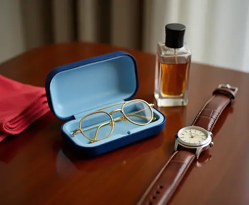 The Dita Collection: Elevating Your Eyewear Style in Portland 1 Elegant flat lay featuring gold aviator eyeglasses in a blue case, sitting on a wooden table next to a cologne bottle and a leather watch.