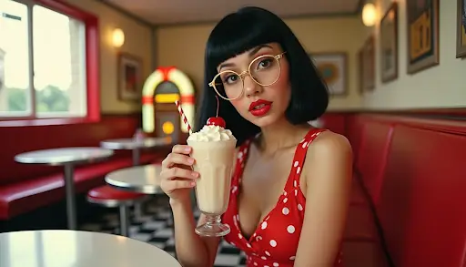 Woman with a retro 1950s look wearing a red polka-dot dress and round gold glasses holding a vanilla milkshake in a diner.