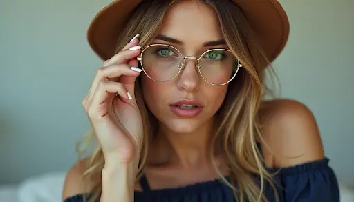 Eyewear for Creatives: Show Off Your Style 2 Close-up portrait of a stylish woman wearing a brown hat and adjusting her trendy round gold-rimmed eyeglasses.