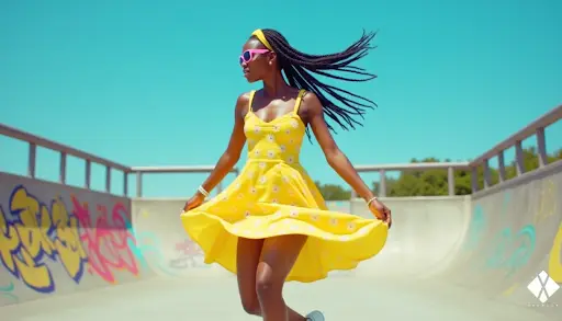Young woman in a yellow daisy summer dress and pink sunglasses twirling joyfully in a sunny outdoor skatepark.