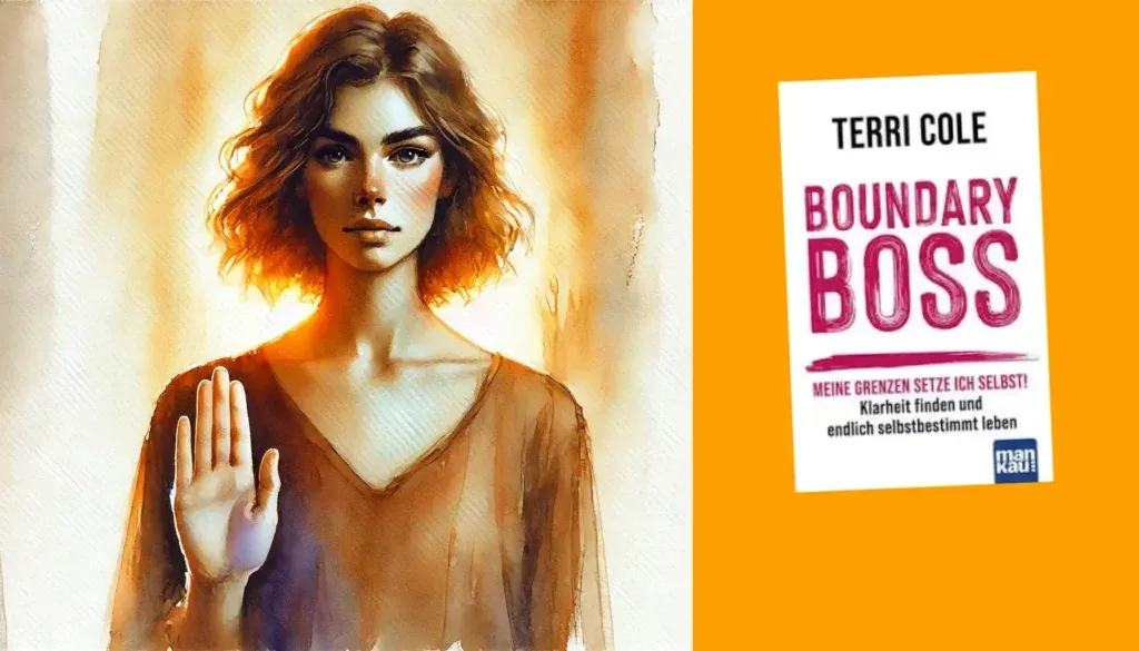 Terri Cole: Boundary Boss (Buchrezension) 3 Frau mit Geste der Abgrenzung, daneben Buchcover von Boundary Boss