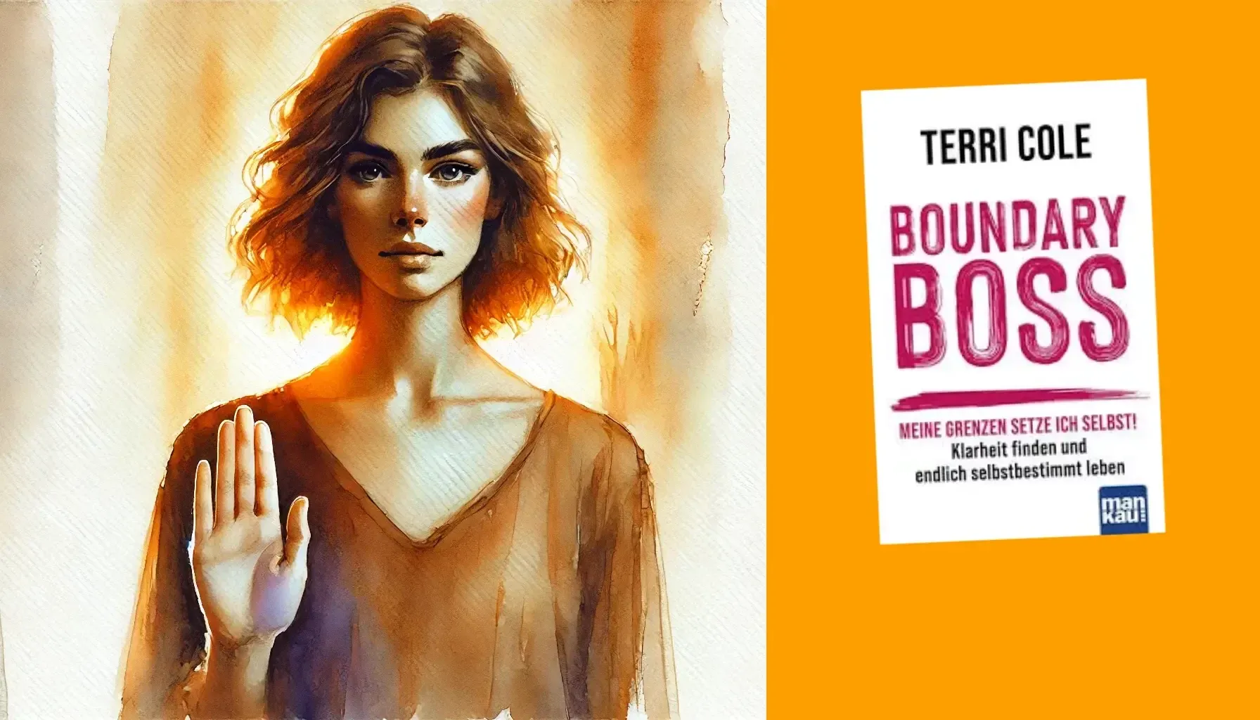 Frau mit Geste der Abgrenzung, daneben Buchcover von Boundary Boss