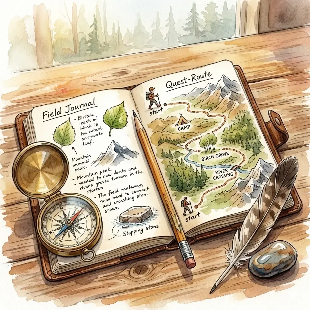 Lernbegleitungsausbildung für spielbasierte Entfaltung 6 Journal mit Quest-Route, darauf ein Kompass, liegt auf einem Holztisch