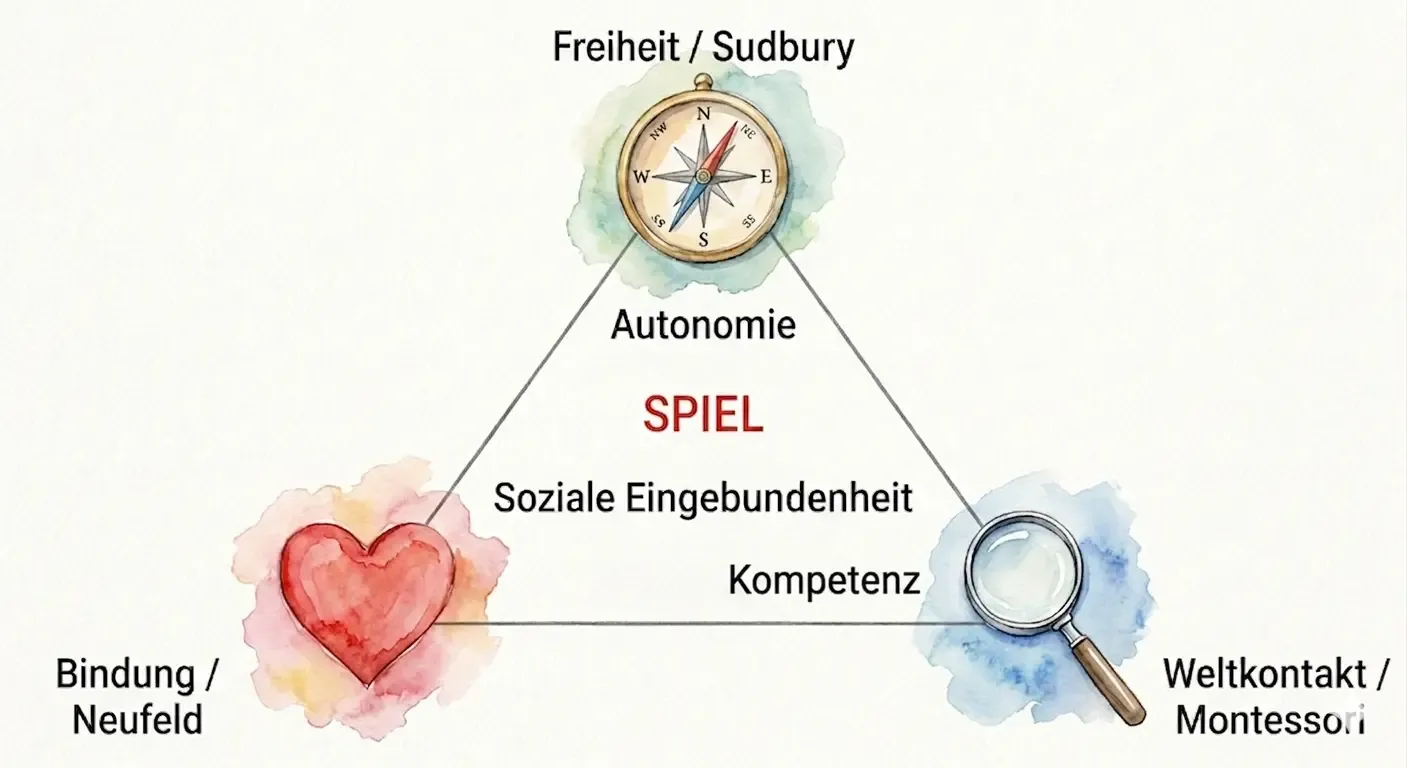 entfaltungs-dreieck-lernbegleitung-spiel Grafik des Entfaltungs-Dreiecks: Die Balance aus Bindung, Weltkontakt und Freiheit als Basis für spielerisches Lernen.