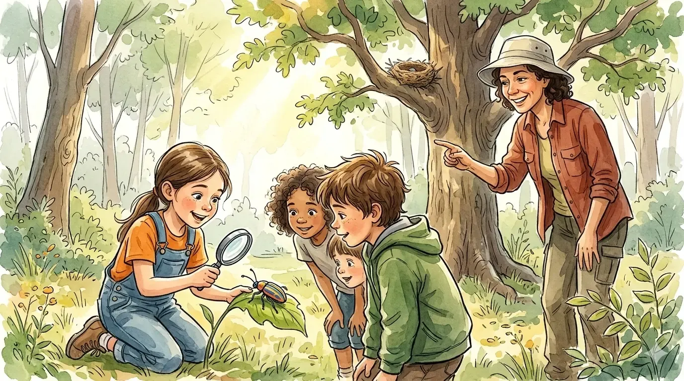 Naturpädagogik-Waldgang 1 Kinder beobachten mit Lupe einen Käfer im Wald