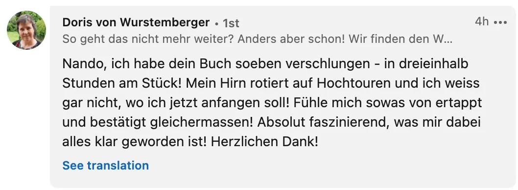 Buch 'Spiel dein Leben - über die Leichtigkeit des Lebens' 12 Testimonial von Doris von Wurstemberger für «Spiel dein Leben»