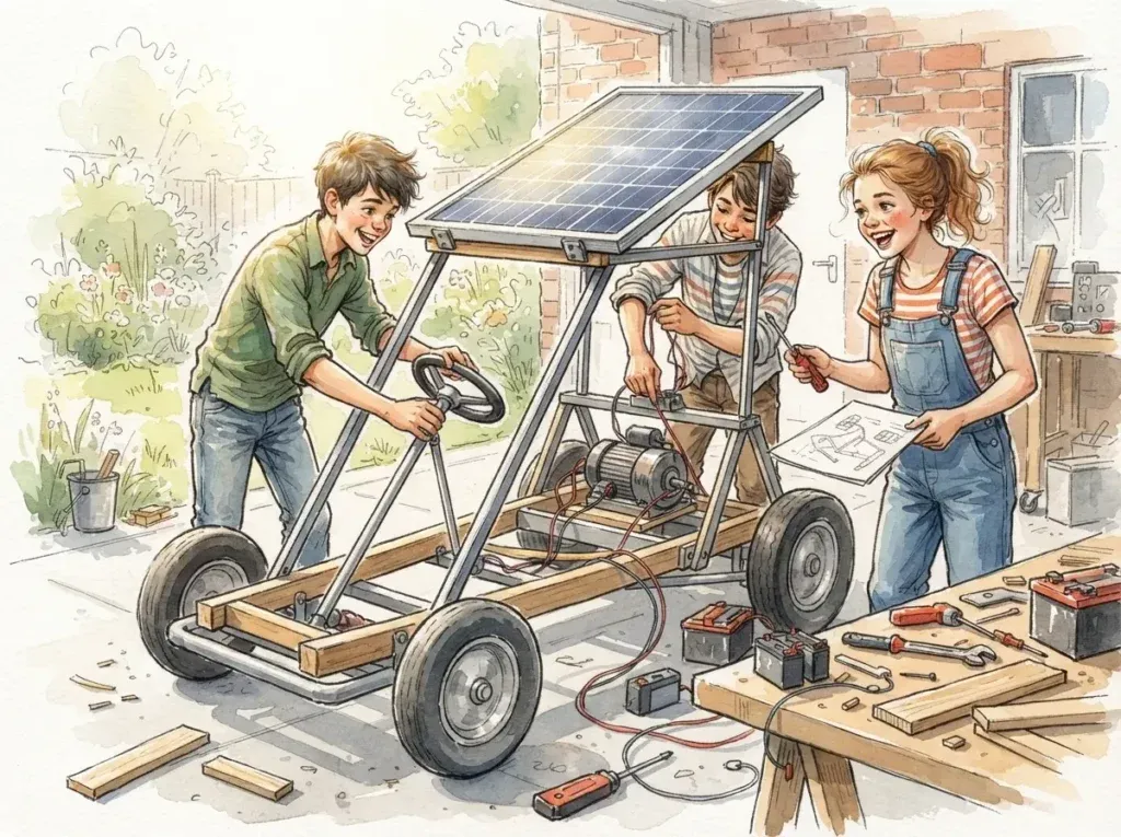 Drei Abende im Spielland 3 Drei Jugendliche bauen gemeinsam ein Go-Kart mit Solarpanel
