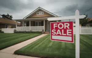 A single-family home with a front porch and lawn is shown with a "For Sale" sign posted in the yard under a cloudy sky.