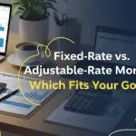 A workspace with laptops, charts, calculators, and coffee cups displays materials comparing fixed-rate and adjustable-rate mortgages.