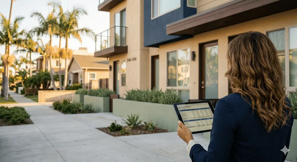 Person in business attire holding a tablet with data displayed, standing on a sidewalk outside a modern residential building with landscaping and palm trees.