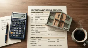 A mortgage loan application form on a desk with a calculator, a model house, paperwork, and a cup of coffee.
