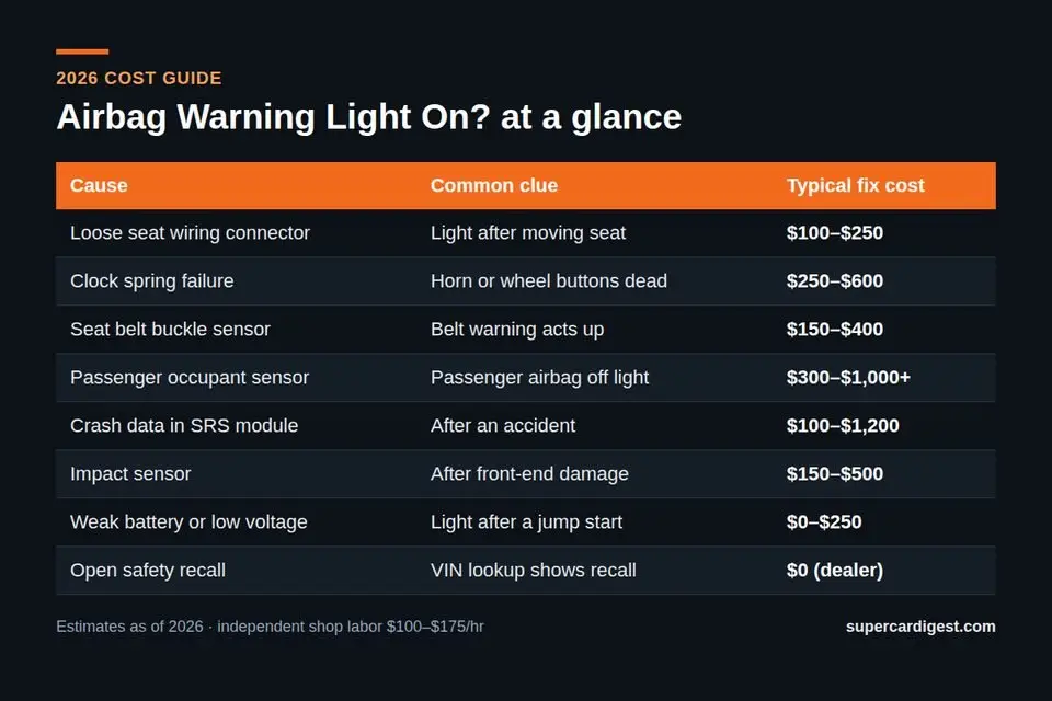 Airbag Warning Light On? Causes, Safety and Repair Costs at a glance: 2026 price ranges