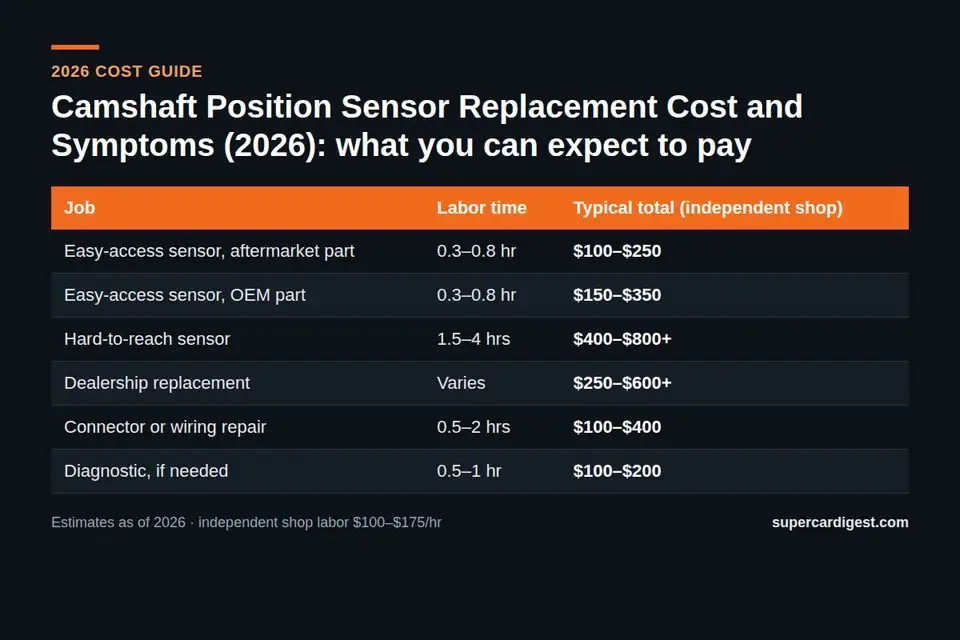 Camshaft Position Sensor Replacement Cost and Symptoms (2026) at a glance: 2026 price ranges