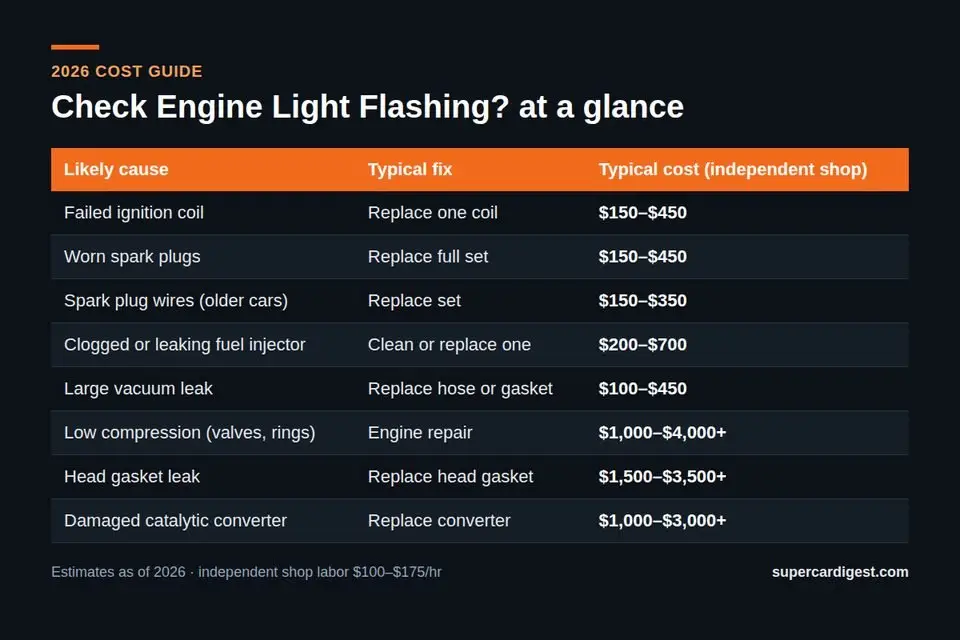 Check Engine Light Flashing? Causes, Costs and What to Do at a glance: 2026 price ranges