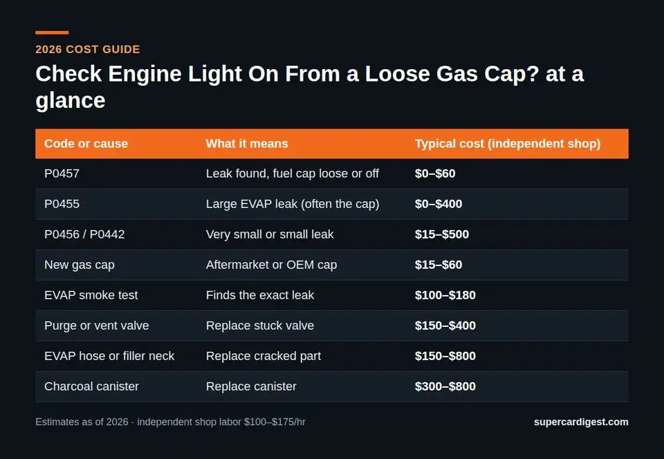 Check Engine Light On From a Loose Gas Cap? What to Do at a glance: 2026 price ranges